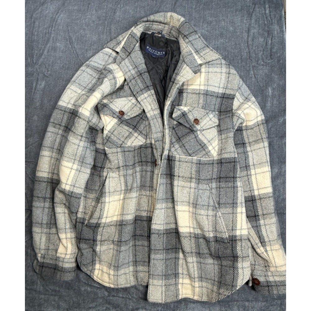 Britches Great Outdoors Wool Blend Plaid Shirt Jacket Mens Large Gray
